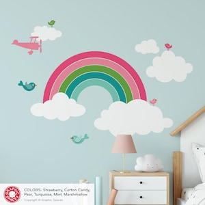 Happy Rainbow Name Fabric Wall Decal: Personalized Baby Nursery Kids Kawaii Rainbow Wall Sticker REUSABLE Plain Clouds