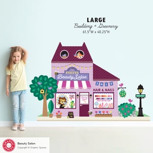 Beauty Salon Fabric Wall Decal, Personalized Kids Happy Town City Building, Pretend & Dramatic Play, Reusable M, L, XL LARGE Bldg+Greenery