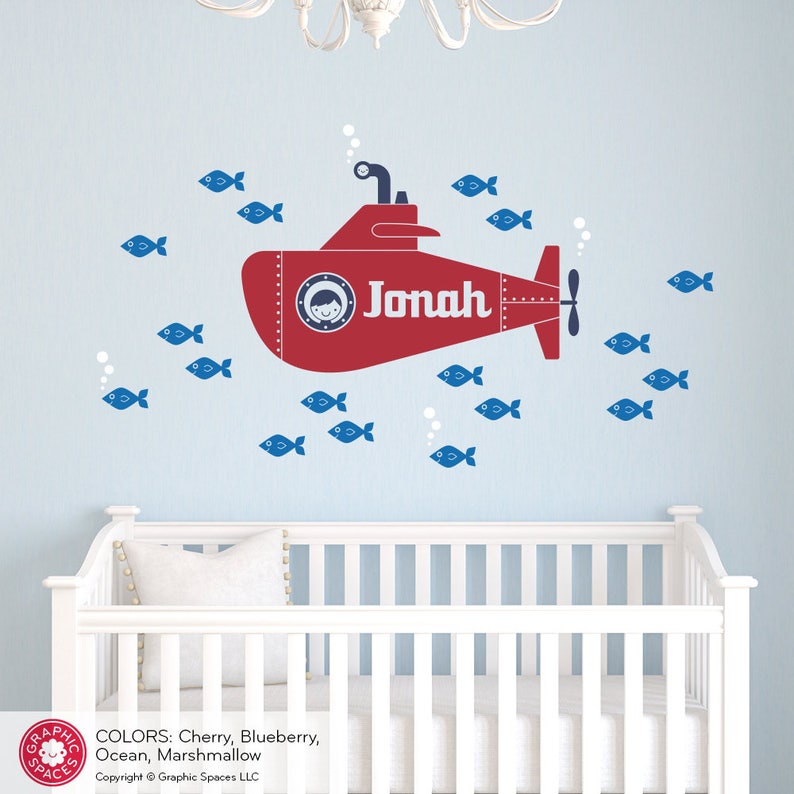 Yellow Submarine Boy Wall Decal Personalized Name Ocean Baby Nursery Underwater Sea Life Kids Room Decor