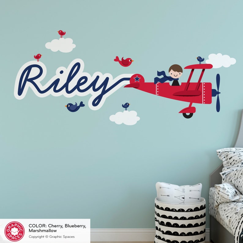 Airplane Boy Name Fabric Wall Decal Personalized Skywriter Cursive Script Travel Transportation Nursery Baby Kids REUSABLE image 1