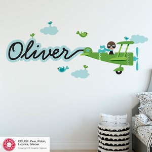 Airplane Boy Name Fabric Wall Decal Personalized Skywriter Cursive Script Travel Transportation Nursery Baby Kids REUSABLE Glacier