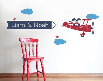 Airplane Wall Decal Twin Seater Name Banner Sibling Decor Boy Girl Nursery Playroom Decations