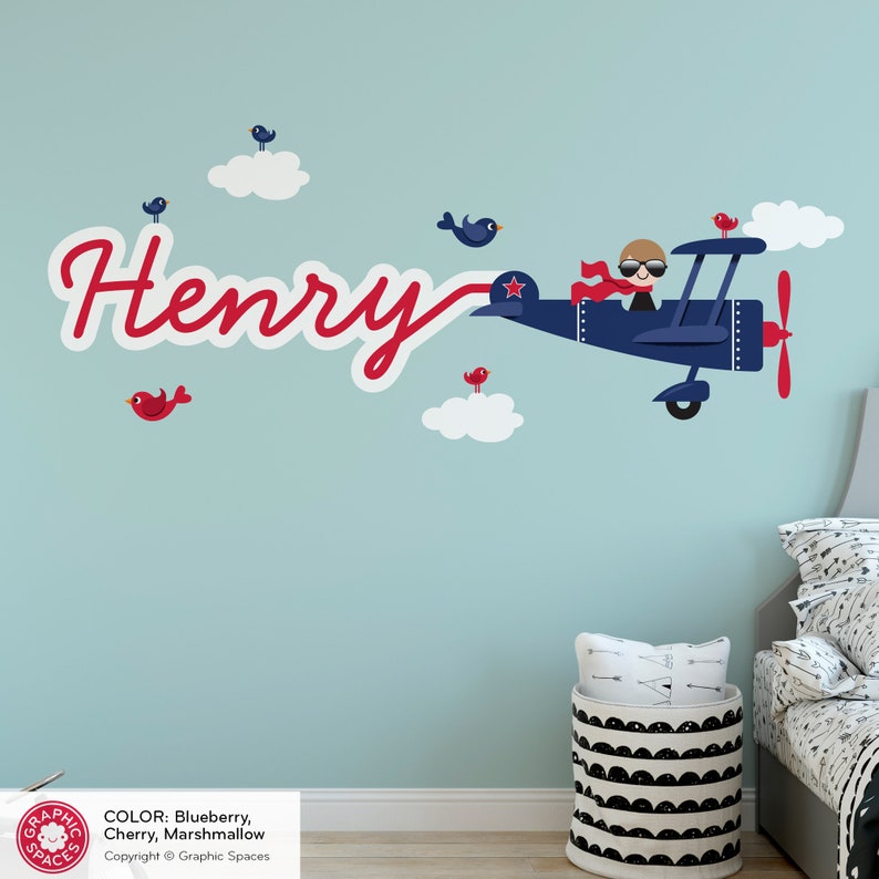 Airplane Boy Name Fabric Wall Decal Personalized Skywriter Cursive Script Travel Transportation Nursery Baby Kids REUSABLE image 1