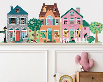 Happy Town Houses Wall Decal, Orange Blvd - Village Neighborhood Street Buildings & Animals, Kids Playroom - Reusable