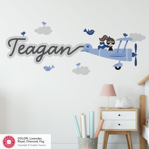 Airplane Girl Name Fabric Wall Decal Personalized Skywriter Cursive Script Travel Nursery Baby Kids REUSABLE image 6