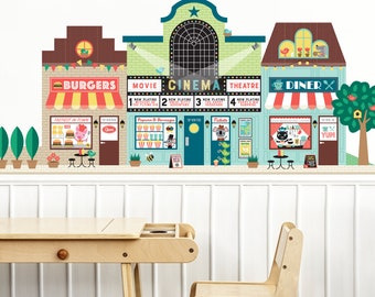 Happy Town Wall Decal, 7th Street Village Burgers, Movie Theatre, Diner Café Buildings, Kids Playroom - Reusable