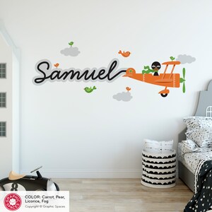 Airplane Boy Name Fabric Wall Decal Personalized Skywriter Cursive Script Travel Transportation Nursery Baby Kids REUSABLE image 4