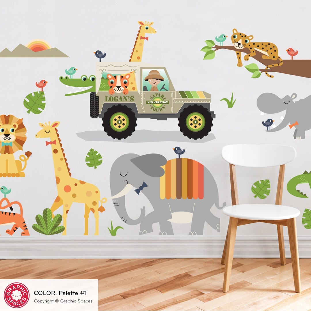 Jungle Safari Animals Fabric Wall Decals - Personalized Name Jeep, Kids ...