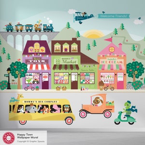 Happy Town Wallpaper Mural (3) Building Shops, Village City Street, Transportation, Airplane, Train, Animals in Cars, Kids Playroom