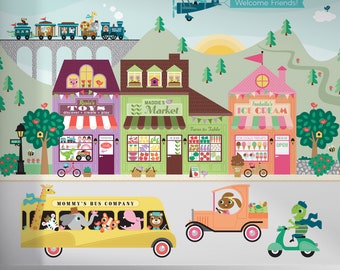 Happy Town Wallpaper Mural (3) Building Shops, Village City Street, Transportation, Airplane, Train, Animals in Cars, Kids Playroom