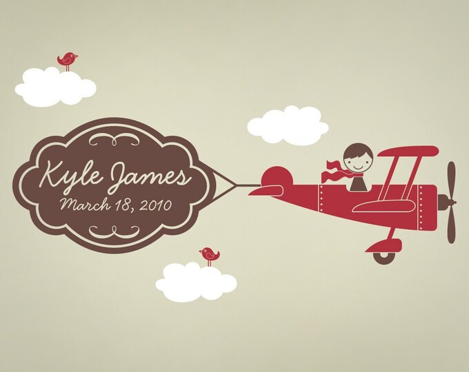 Airplane Vinyl Wall Decal Sticker Baby Boy Name Birthday Banner - Etsy