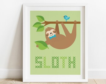 Sloth Nursery Art Print, Kids Safari Jungle Animal Poster