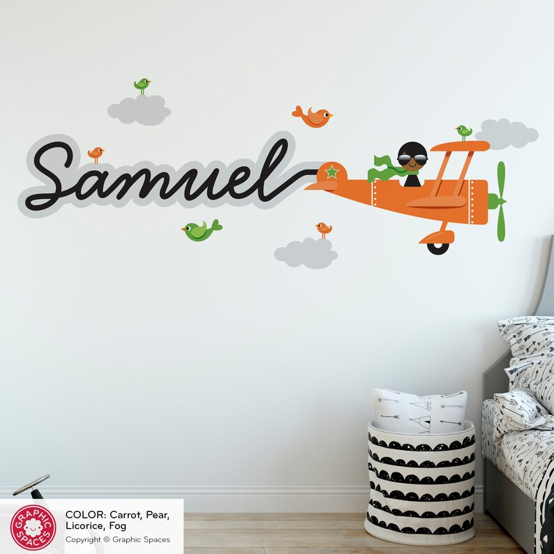 Airplane Boy Name Fabric Wall Decal Personalized Skywriter Cursive Script Travel Transportation Nursery Baby Kids REUSABLE Fog