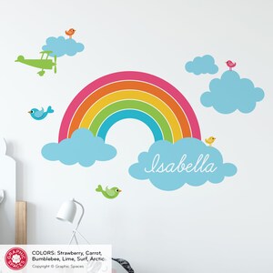 Happy Rainbow Name Fabric Wall Decal: Personalized Baby Nursery Kids Kawaii Rainbow Wall Sticker REUSABLE Name + No Faces