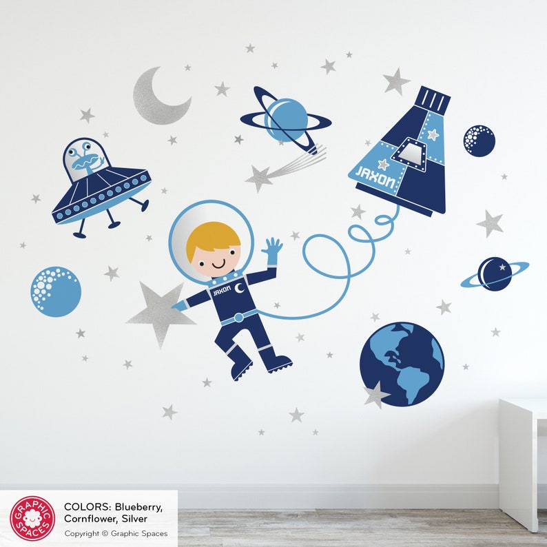 Space Walk Boy Fabric Wall Decal Personalized Name Rocket Capsule, UFO, Astronaut, Planets, Stars, Moon Baby Nursery Kids REUSABLE image 2