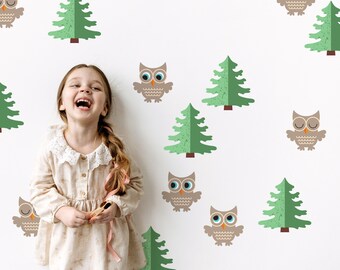 Owl & Pine Tree Scatter Fabric Wall Decal, Woodland Baby Nursery Kids Decor - Repeat Animal Room Border Pattern