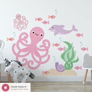 Octopus & Ocean Friends Fabric Wall Decals Under-the-Sea Nursery Kawaii Sea Life Underwater Kids Room Decor REUSABLE Palette #1