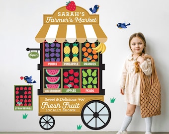 Carrito de frutas del mercado de agricultores - Vinilo decorativo de tela para pared - Fondo de juego de simulación XL - Personalizado