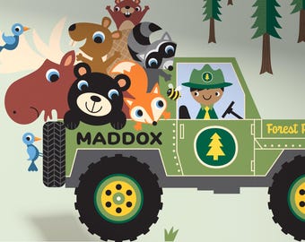 Calcomanías de tela para pared con diseño de jeep de guardabosques para niño - Animales del bosque - Decoración personalizada para habitación de bebé y niño