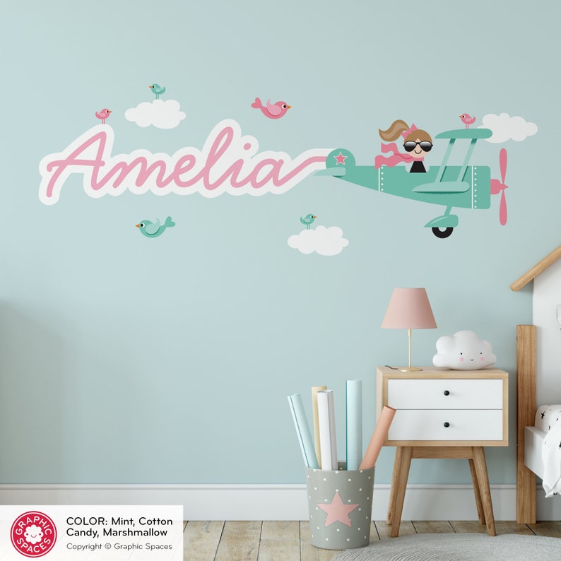 Airplane Girl Name Fabric Wall Decal Personalized Skywriter Cursive Script Travel Nursery Baby Kids REUSABLE image 1