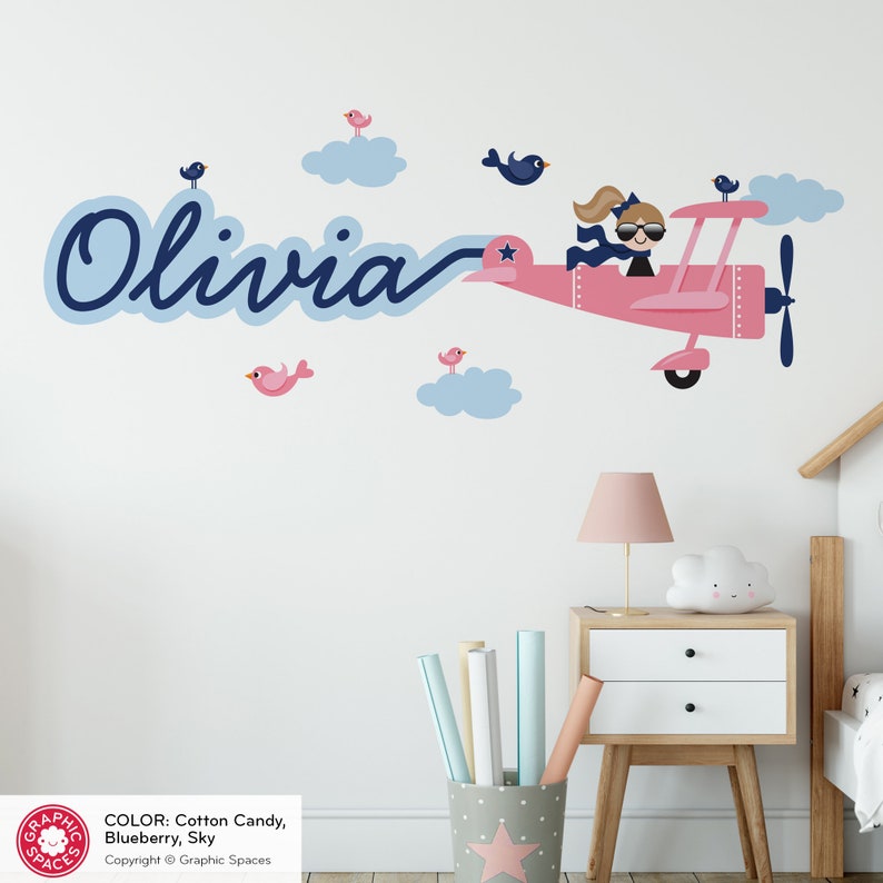 Airplane Girl Name Fabric Wall Decal Personalized Skywriter Cursive Script Travel Nursery Baby Kids REUSABLE image 5