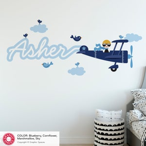 Airplane Boy Name Fabric Wall Decal Personalized Skywriter Cursive Script Travel Transportation Nursery Baby Kids REUSABLE image 4