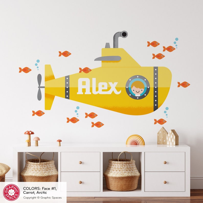 Yellow Submarine Boy Fabric Wall Decal Personalized Name Ocean Baby Nursery Underwater Sea Life REUSABLE image 1