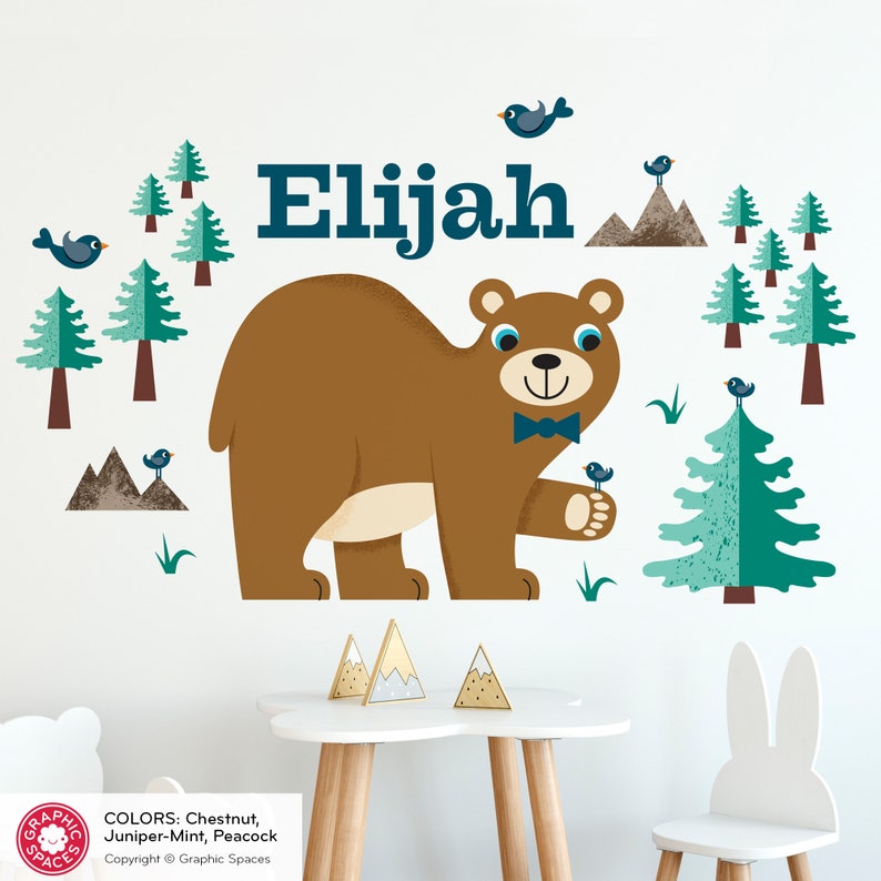 Happy Bear Nursery Fabric Wall Decal, Kids Personalized Name, Reusable Juniper-Mint