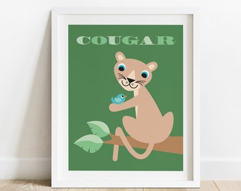 Cougar Nursery Art Print, Kids Mountain Lion Animal Poster