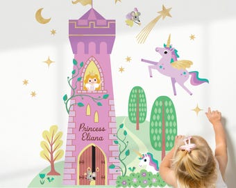 Torre del Castillo de la Princesa Unicornio - Vinilo decorativo de tela - Habitación infantil de cuento de hadas personalizada (morado)
