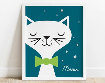 Happy Kitty Cat Nursery Art Print, Personalized Name, Meow