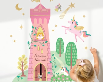 Torre del Castillo de la Princesa Unicornio - Vinilo decorativo de tela - Habitación infantil de cuento de hadas personalizada (rosa)