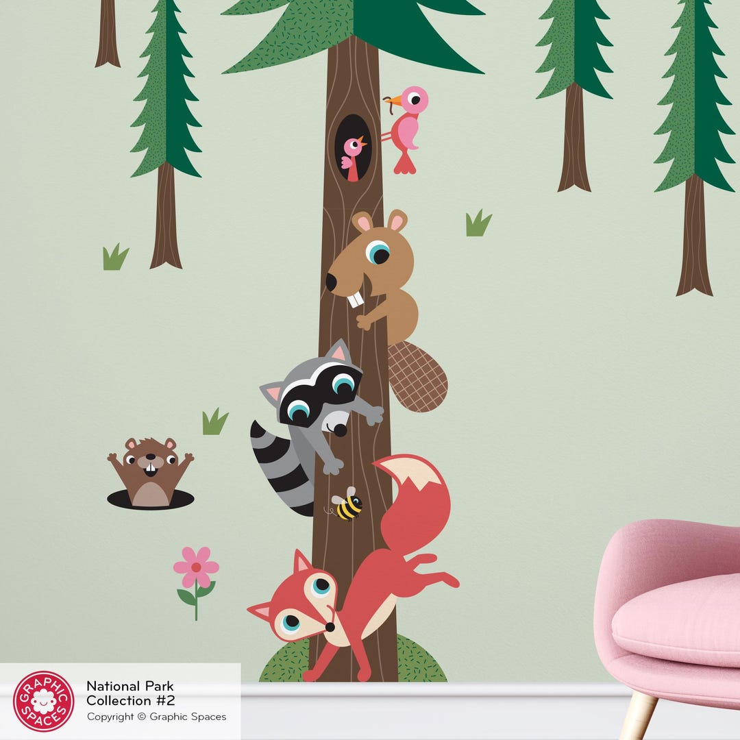 Woodland Animal Stack Pine Tree Wall Decal - Baby Kids Nursery Decor ...
