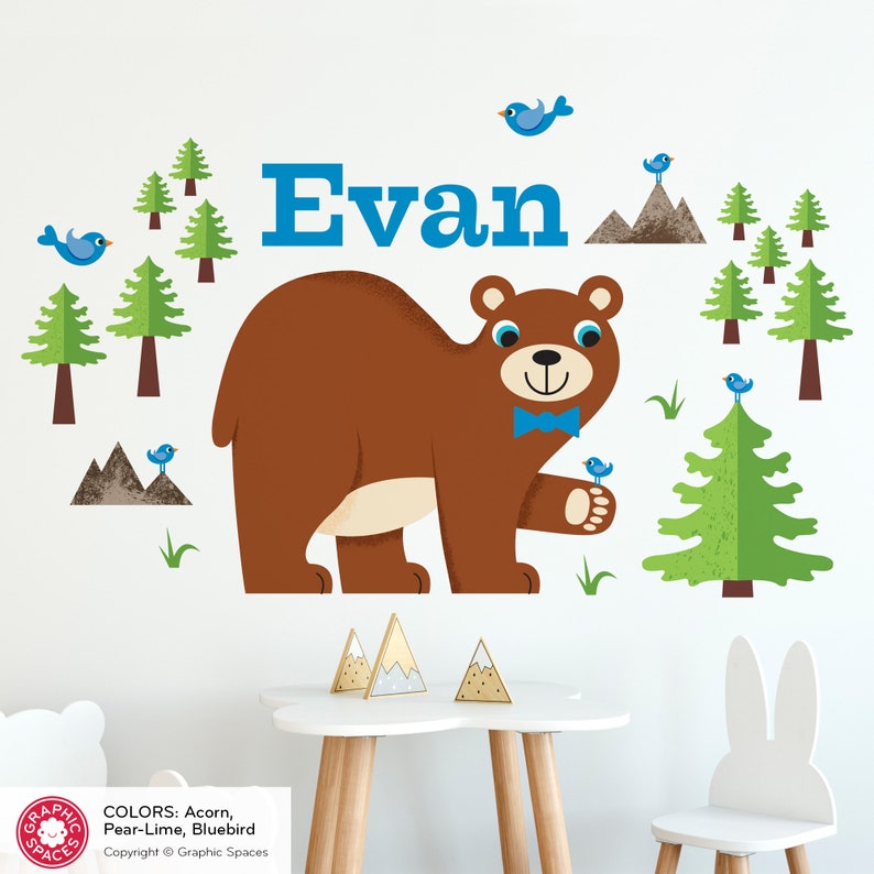 Happy Bear Nursery Fabric Wall Decal, Kids Personalized Name, Reusable Pear-Lime