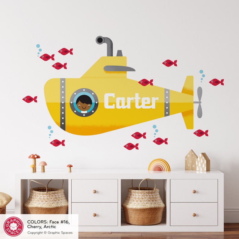 Yellow Submarine Boy Fabric Wall Decal Personalized Name Ocean Baby Nursery Underwater Sea Life REUSABLE image 3