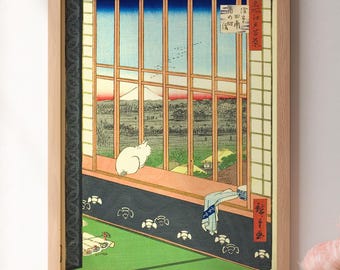 猫の版画、日本の壁画、浅草の田んぼ、猫のポスター、広重の版画、日本
