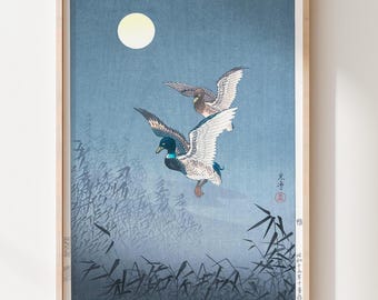 Gravura japonesa em xilogravura, pôster vintage de patos ao luar (Ukiyo-e) emoldurado para parede, arte japonesa.