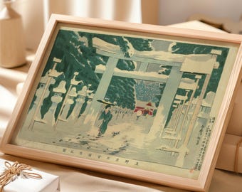 Japanese Shrine Landscape Print, Vintage Japanese Wall Art Ukiyo-e Print Framed Posters Woodblock Print Winter Landscape Poster