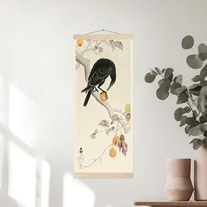 Colgador de póster de pájaro cuervo, póster de pájaro japonés vintage, arte de pared, póster de arte asiático, arte de pared tradicional, decoración Japandi, tapiz Ukiyoe