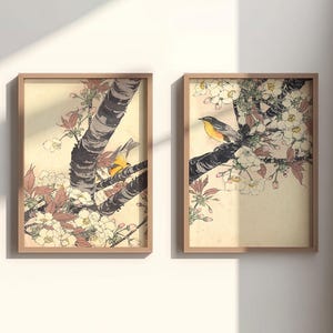 Conjunto de pósteres de aves vintage, arte japonés, impresión de naturaleza tradicional, póster de aves Japandi, póster de flor de cerezo Ukiyoe, arte asiático, arte mural de invierno