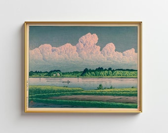 Poster Japanese Vintage Landscape Poster Ghibli Inspired Wall Art Sorbet Colors Poster Ukiyoe Wall Decor Japandi Art Green Nature
