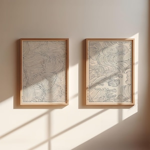 Póster abstracto minimalista, conjunto de póster enmarcado, arte de olas del océano, póster japonés vintage, impresiones de arte zen en blanco y negro, arte de pared simple