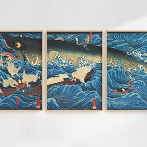 Spooky Wall Art Set of 3 Vintage Japanese Poster Dark Decor Ukiyoe Posters Retro Halloween Poster Halloween Decor Vintage Sea Monster Print