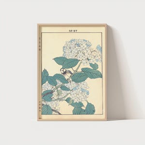 Póster de hortensias con estampado de pájaro vintage, arte japonés, arte natural tradicional, póster de pájaro Japandi, póster Ukiyoe, arte asiático, arte mural de verano.