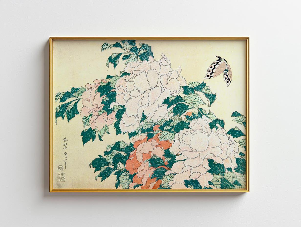 Peonies Poster Vintage Japanese Flower Poster Hokusai Print Japanese Boho Wall Art Woodblock Print Large Peonies Art Ukiyoe Poster Flower