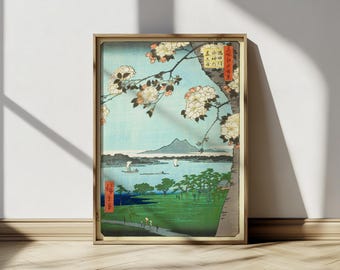 Japanese Vintage Poster Shrine And Cherry Blossom Woodblock Print Hiroshige Art Japandi Poster Minimalist Wall Art Unique Gift Ukiyo-e Art