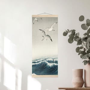 Colgador de póster de gaviotas, póster vintage de aves japonesas, arte mural náutico, póster de arte asiático, arte mural tradicional, decoración japonesa, tapiz