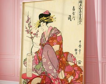 Poster Vintage Geisya Oiran Framed Poster Ukiyo-e Utamaro Print Cherry Blossom  Japanese Vintage Spring Wall Decor Wall Decor Asian Art