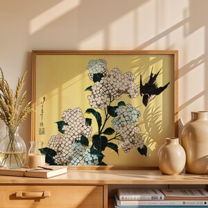 Japanese Floral Vintage Print Hokusai Flower Art Japanese Woodblock Print Vintage Botanical Art Asian Art Spring Boho Bird Wall Art Decor