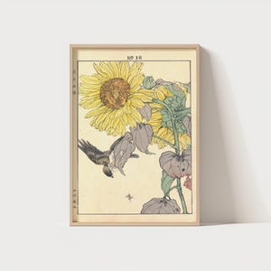 Póster de girasol con estampado de pájaro vintage, arte japonés, impresión de arte natural tradicional, póster de pájaro Japandi, póster japonés Ukiyoe, arte mural de verano.
